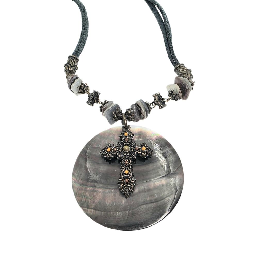 Vintage Ornate Cross on Mother of Pearl Disc Necklace - Gothic/Boho Chic MOP